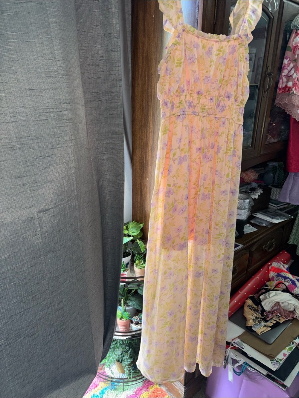 Pink Rose Pastel Yellow Floral Maxi Dress with Lavender Accents - Picture 3 of 7